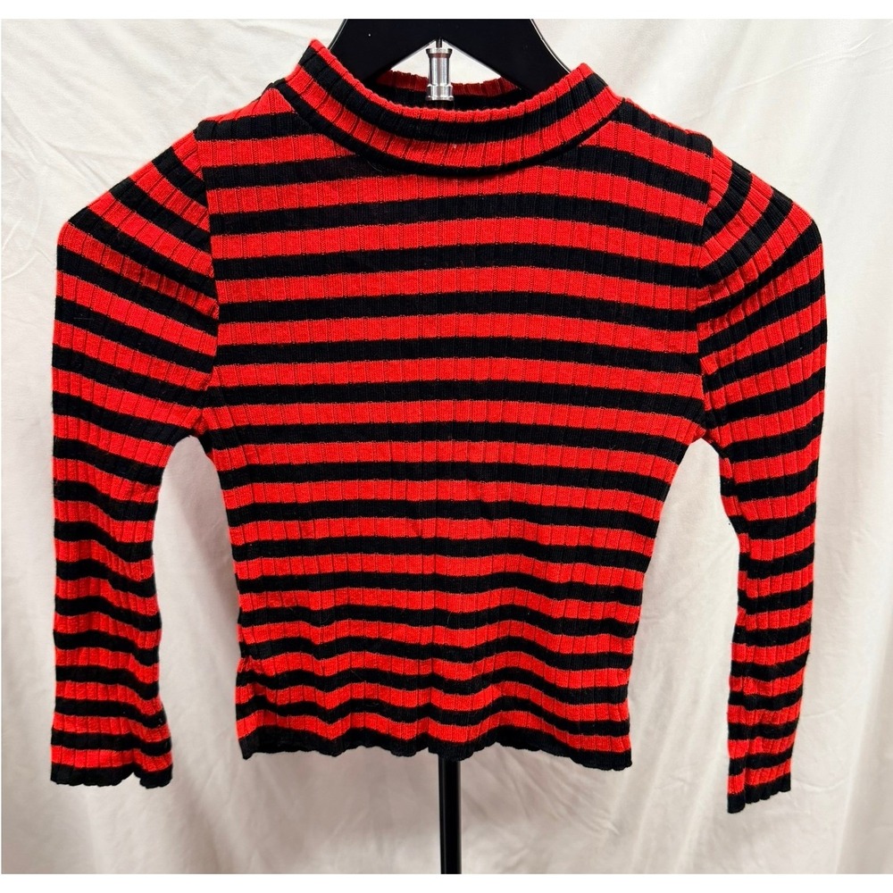 American Girl VIntage Y2K Kids Red Black Striped Mock Neck Ribbed Knit Top Small